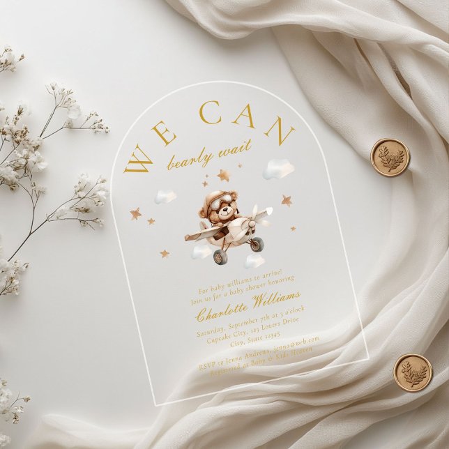 We Can Bearly Wait! Teddy Bear & Airplane  Acrylic Invitations (We Can Bearly Wait! Teddy Bear & Airplane Arch Baby Shower  Transparent Acrylic Invitations.)