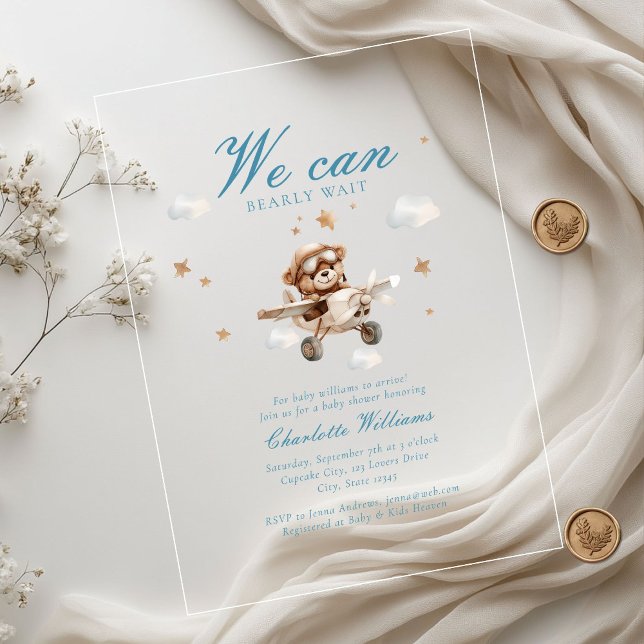 We Can Bearly Wait! Teddy Bear & Airplane  Acrylic Invitations (We Can Bearly Wait! Teddy Bear & Airplane Baby Shower  Transparent Acrylic Invitations.)