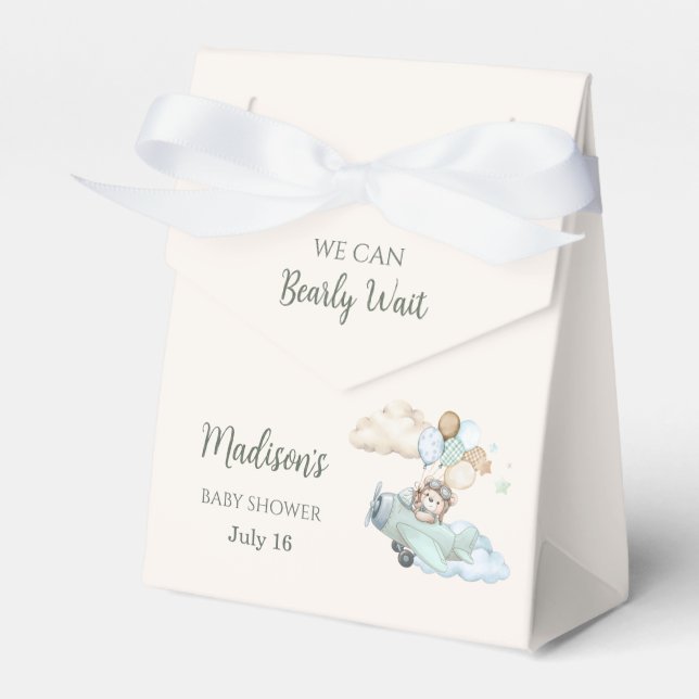 We Can Bearly Wait Teddy Bear Airplane Blue Boy Favor Box (Front Side)