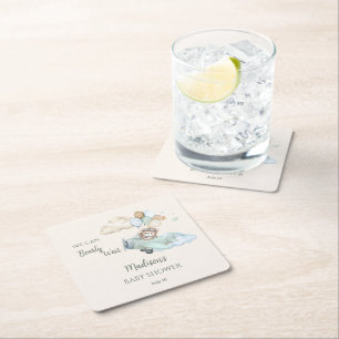 We Can Bearly Wait Teddy Bear Airplane Boy Baby Square Paper Coaster