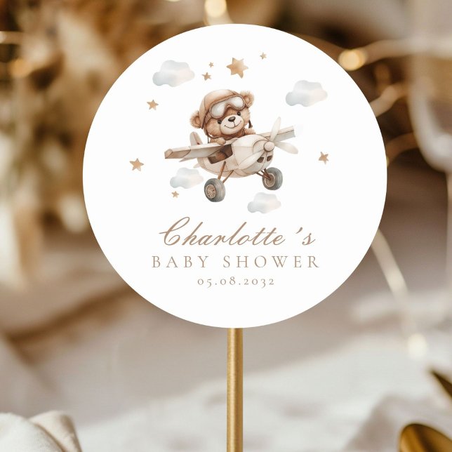 We Can Bearly Wait! Teddy Bear & Airplane Classic Round Sticker (Personalized, We Can Bearly Wait! Teddy Bear & Airplane Classic Round Sticker)