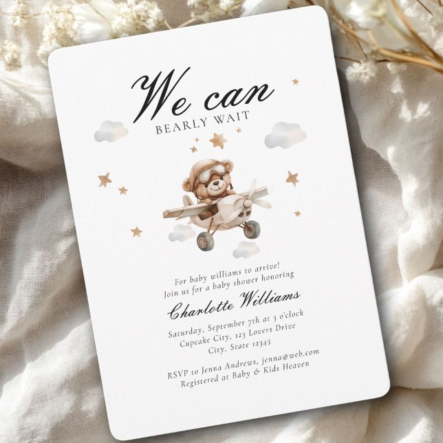 We Can Bearly Wait! Teddy Bear & Airplane  Invitation (We Can Bearly Wait! Cute Bear & Plain Baby Shower Invitation)