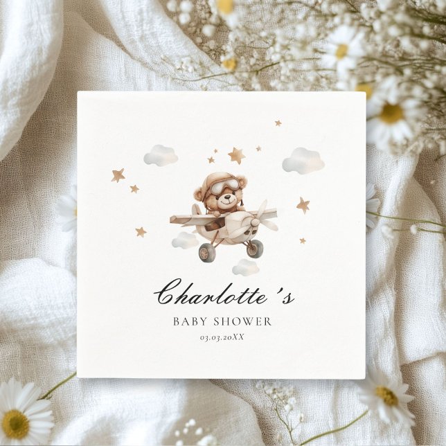 We Can Bearly Wait!Teddy Bear & Airplane  Napkin (We Can Bearly Wait! Teddy Bear & Airplane White Napkins. Personalized with your name & date.)
