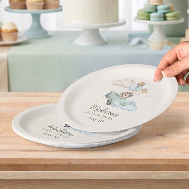 We Can Bearly Wait Teddy Bear Airplane Tabeware Paper Plate (Aviator Teddy Bear Baby Shower Paper Plates. Blue Boy Party Decor. We Can Bearly Wait theme.)