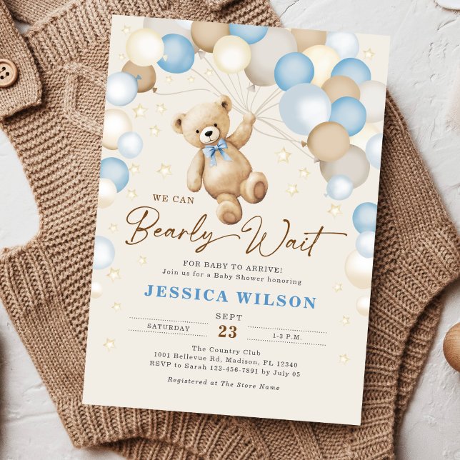We Can Bearly Wait Teddy Bear Baby Boy Shower Invitation (Creator Uploaded)