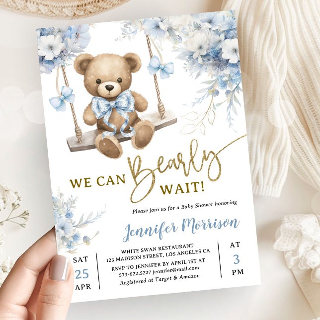 We Can Bearly Wait Teddy Bear Baby Shower Boy Blue Invitation (Creator Uploaded)