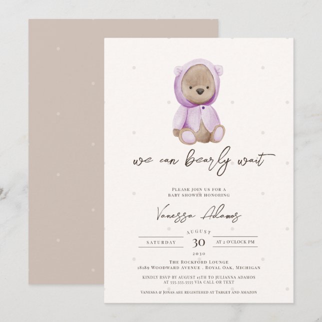 We Can Bearly Wait,Teddy Bear Baby Shower Purple Invitation (Front/Back)