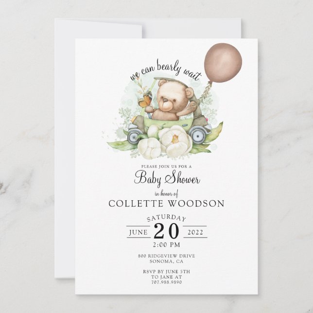 We Can Bearly Wait Teddy Bear Balloon Baby Shower Invitation (Front)