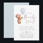 We Can Bearly Wait Teddy Bear Balloon Baby Shower Invitation<br><div class="desc">Blue Minimalist Teddy bear girl baby shower invitation template,  we can bearly wait baby shower invite,  bear with balloons baby shower download.</div>