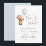 We Can Bearly Wait Teddy Bear Balloon Baby Shower Invitation<br><div class="desc">Blue Minimalist Teddy bear girl baby shower invitation template,  we can bearly wait baby shower invite,  bear with balloons baby shower download.</div>