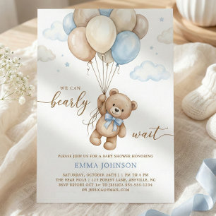 We Can Bearly Wait Teddy Bear Balloon Baby Shower Invitation