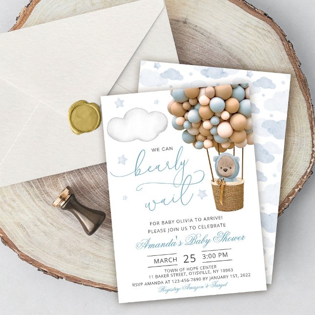 We Can Bearly Wait Teddy Bear Balloon Baby Shower Invitation (Creator Uploaded)