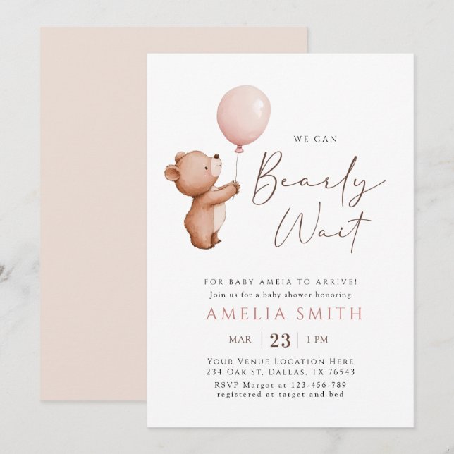 We Can Bearly Wait Teddy Bear Balloon Baby Shower Invitation (Front/Back)