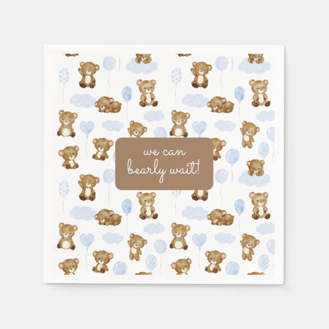 We can bearly wait! Teddy Bear Balloon Baby Shower Napkin (Front)