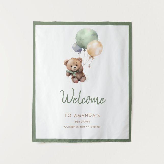 We can Bearly Wait Teddy Bear Balloon Baby Shower Tapestry (Front)