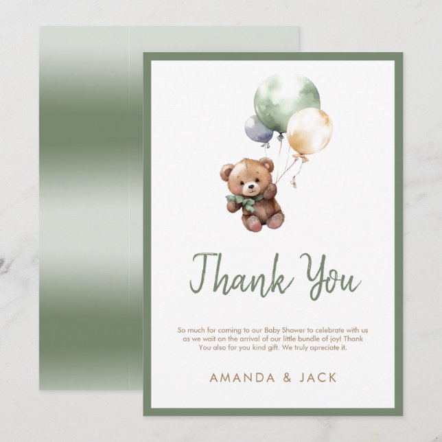 We can Bearly Wait Teddy Bear Balloon Baby Shower Thank You Card (Front/Back)