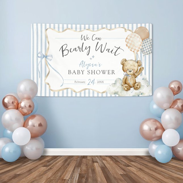 We Can Bearly Wait Teddy Bear Blue Baby Boy Shower Banner (We Can Bearly Wait teddy bear watercolor blue bows & balloons baby boy shower banner decoration)