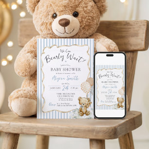 We Can Bearly Wait Teddy Bear Blue Baby Boy Shower Invitation