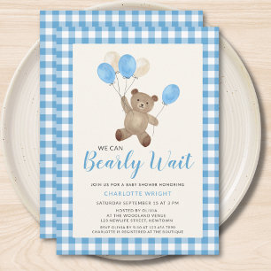 We Can Bearly Wait Teddy Bear Blue Baby Shower  Invitation