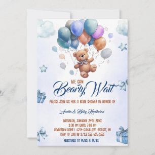 We can Bearly Wait Teddy Bear Blue Baby Shower Invitation