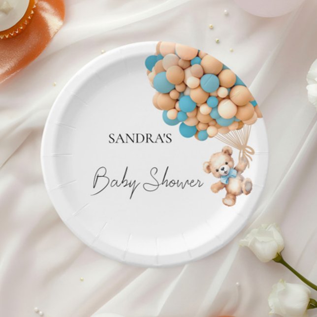 We Can Bearly Wait Teddy Bear Blue Balloon Paper Plate (Creator Uploaded)