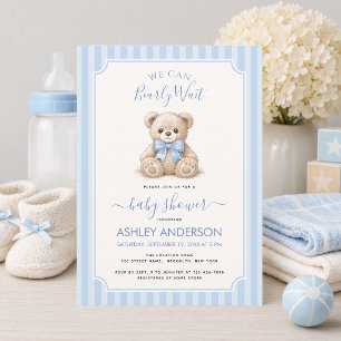 We Can Bearly Wait Teddy Bear Blue Bow Baby Shower Invitation