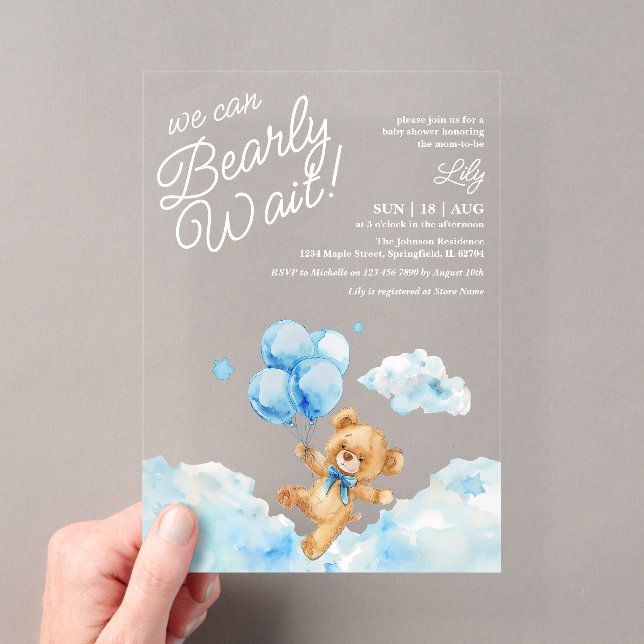 We Can Bearly Wait Teddy Bear Blue Boy Baby Shower Acrylic Invitations (Insitu (Handheld))
