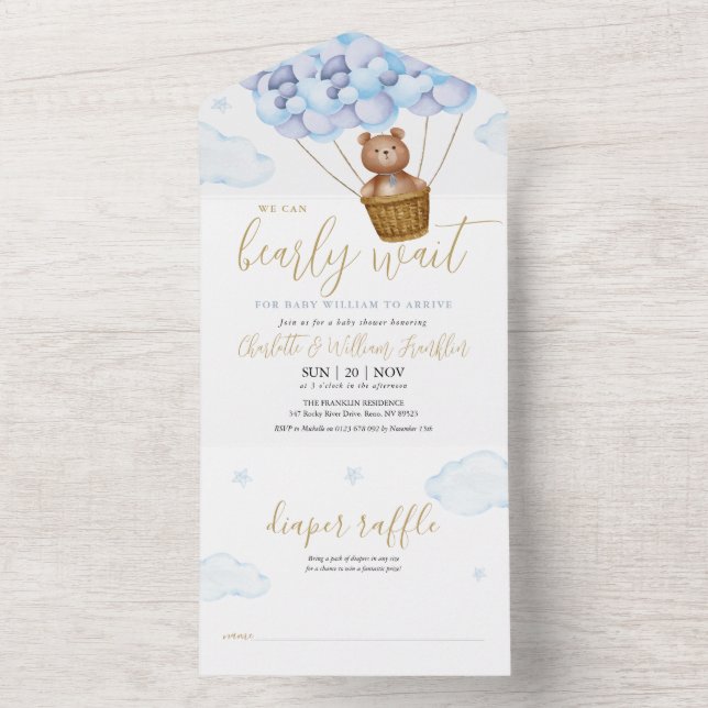We Can Bearly Wait Teddy Bear Blue Boy Baby Shower All In One Invitation (Inside)