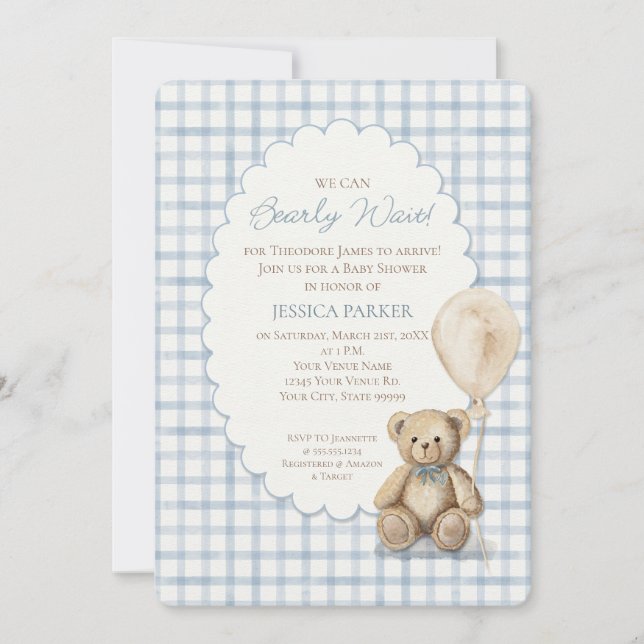 We Can Bearly Wait Teddy Bear Boy Baby Shower Invitation (Front)