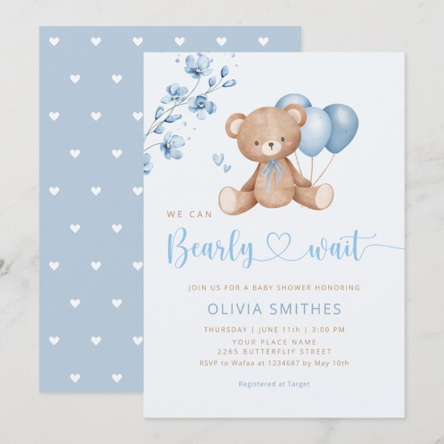 We Can Bearly Wait Teddy Bear Boy Baby Shower Invitation (Front/Back)