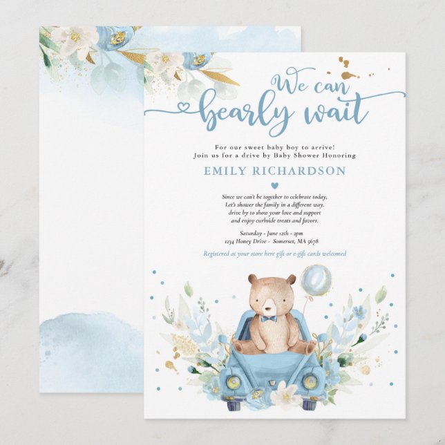 We Can Bearly Wait Teddy Bear Drive By Baby Shower Invitation (Front/Back)