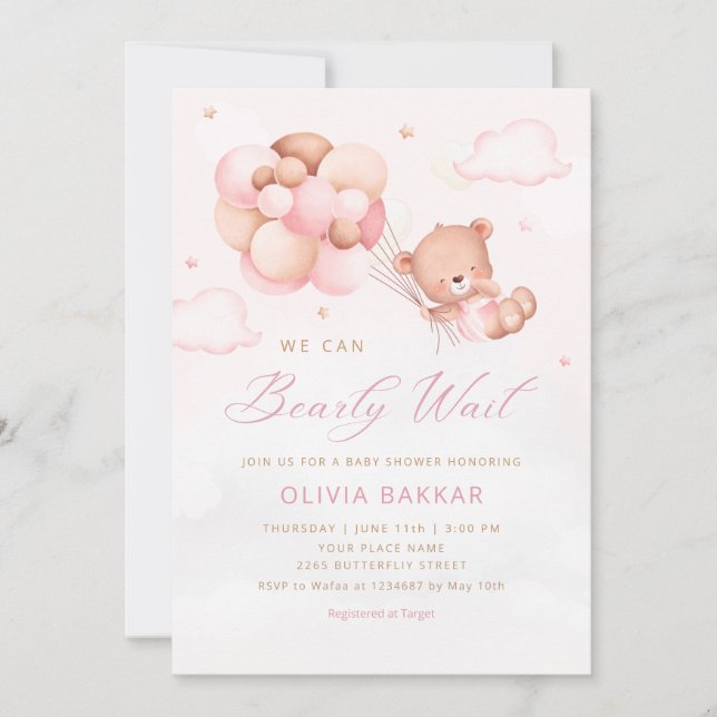 We Can Bearly Wait Teddy Bear Girl Baby Shower Inv Invitation (Front)