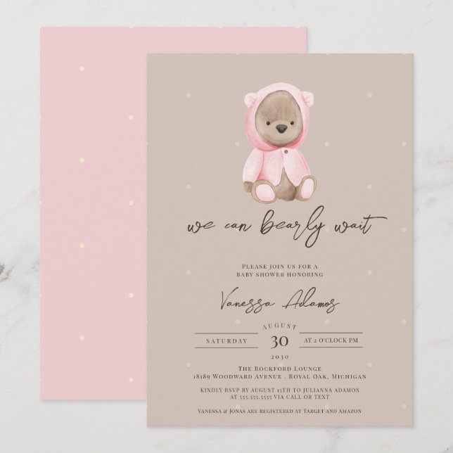We Can Bearly Wait Teddy Bear Girl Baby Shower Invitation (Front/Back)