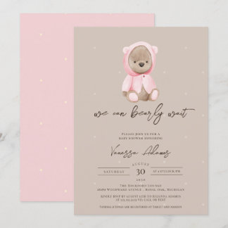 We Can Bearly Wait Teddy Bear Girl Baby Shower Invitation