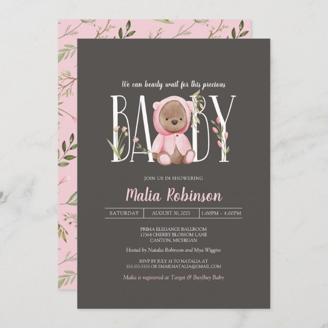 We Can Bearly Wait! Teddy Bear Girl Baby Shower  Invitation (Front/Back)