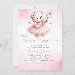 We Can Bearly Wait Teddy Bear Girl Baby Shower  Invitation