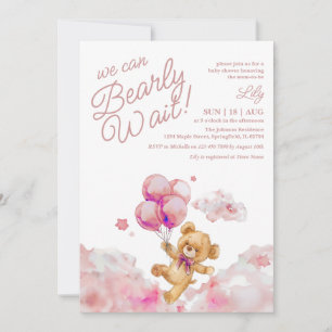 We Can Bearly Wait Teddy Bear Girl Baby Shower Invitation