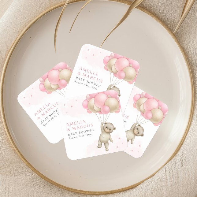 We Can Bearly Wait Teddy Bear Girl Baby Shower Square Sticker (Creator Uploaded)