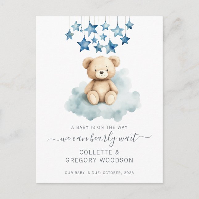 We Can Bearly Wait Teddy Bear On Cloud Pregnancy  Announcement Postcard (Front)