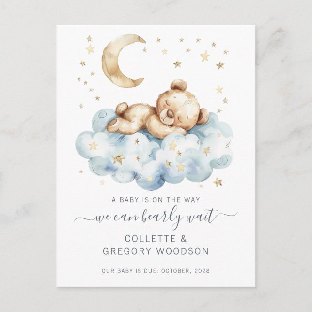 We Can Bearly Wait Teddy Bear On Cloud Pregnancy Announcement Postcard (Front)