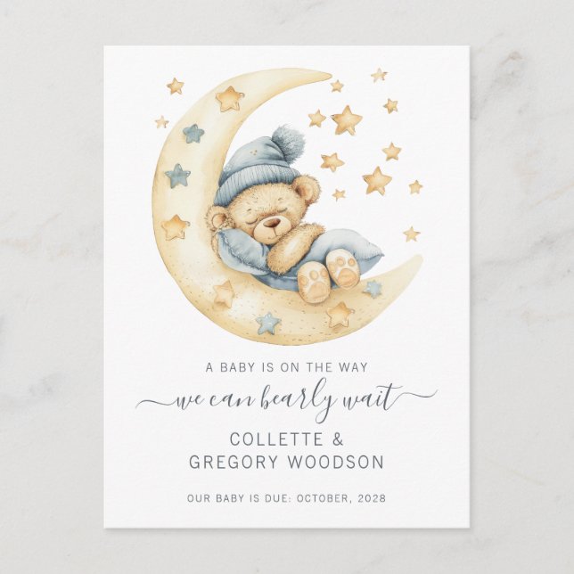 We Can Bearly Wait Teddy Bear On Moon Pregnancy Announcement Postcard (Front)