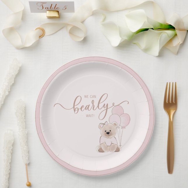 We Can Bearly Wait Teddy Bear Pink Baby Shower Paper Plate (Wedding)