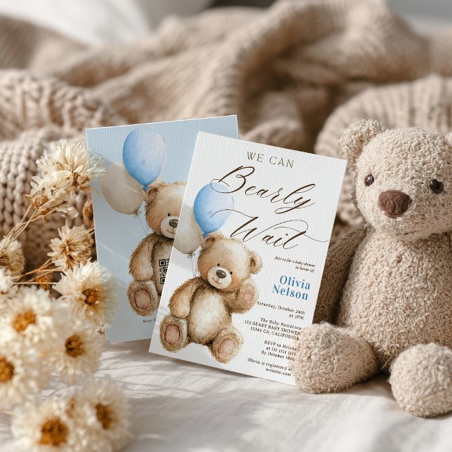 We Can Bearly Wait Teddy Bear QR Boy Baby Shower Invitation (We Can Bearly Wait Teddy Bear QR Boy Baby Shower Invitation)