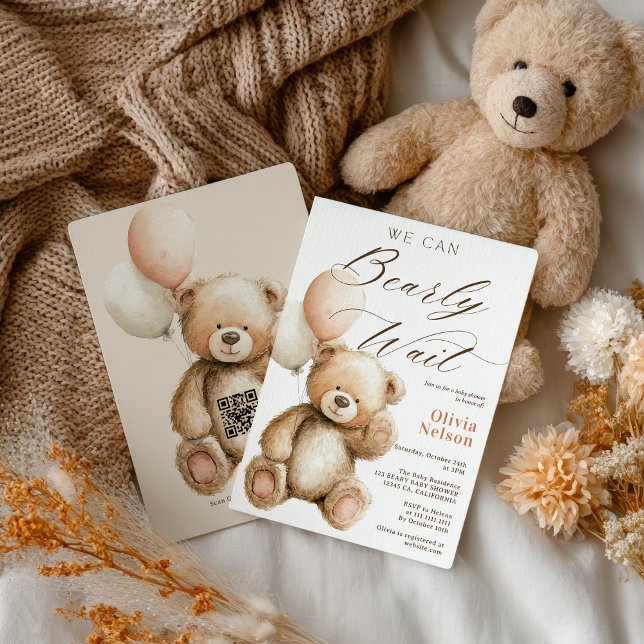 We Can Bearly Wait Teddy Bear QR code Baby Shower Invitation (We Can Bearly Wait Teddy Bear QR code Baby Shower Invitation)