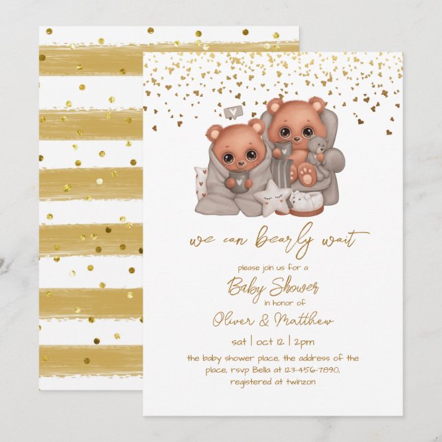 We Can Bearly Wait Twin Baby Boy Shower Simple Invitation (Front/Back)