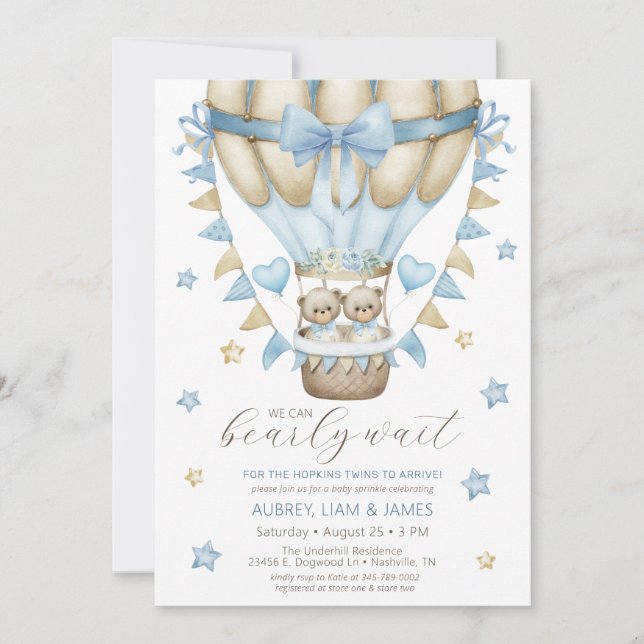 We Can Bearly Wait Twin Boy Baby Sprinkle Invitation (Front)