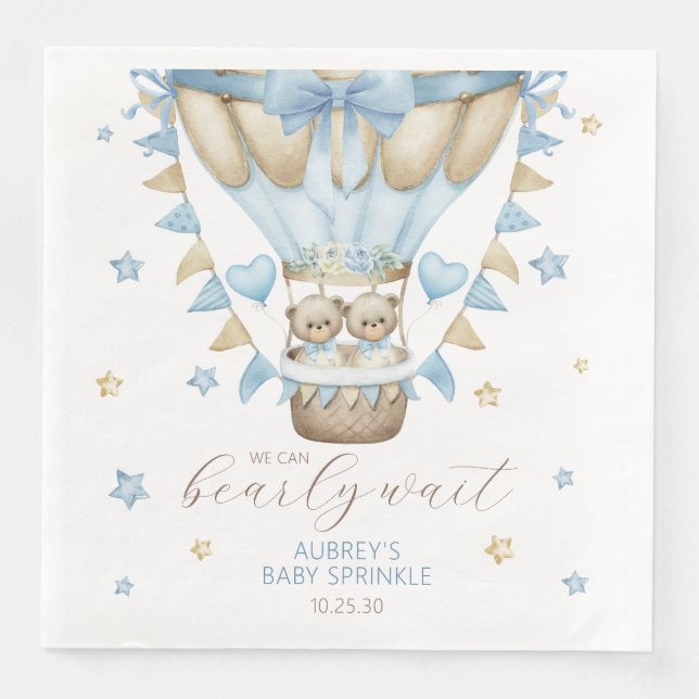 We Can Bearly Wait Twin Boy Baby Sprinkle Napkin (Front)