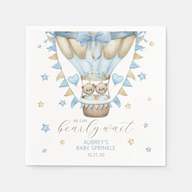 We Can Bearly Wait Twin Boy Baby Sprinkle Napkin (Front)
