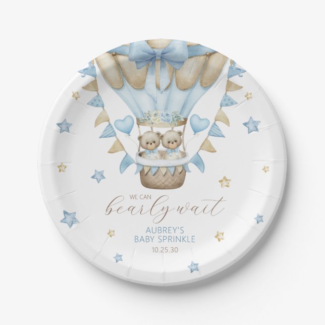 We Can Bearly Wait Twin Boy Baby Sprinkle Paper Plate (Front)