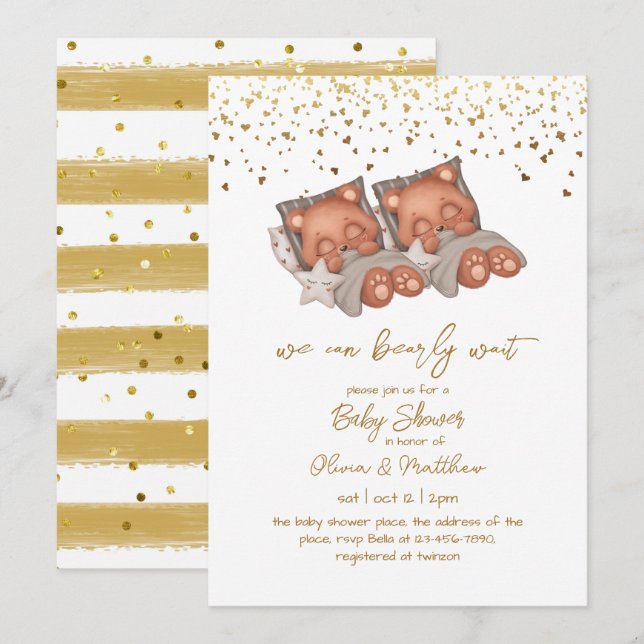 We Can Bearly Wait Twin Gender Neutral Baby Shower Invitation (Front/Back)